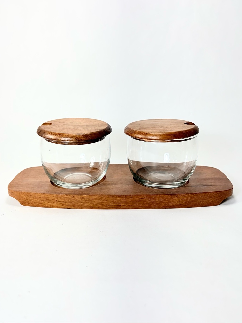MCM Mid Century Modern Teak Condiment Set Tray + 2 Covered Jars